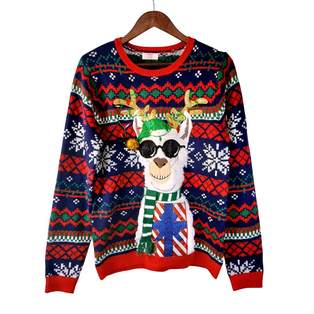 Holiday Time Men's Ugly Christmas Sweater Llama Reindeer Sunglasses Gift